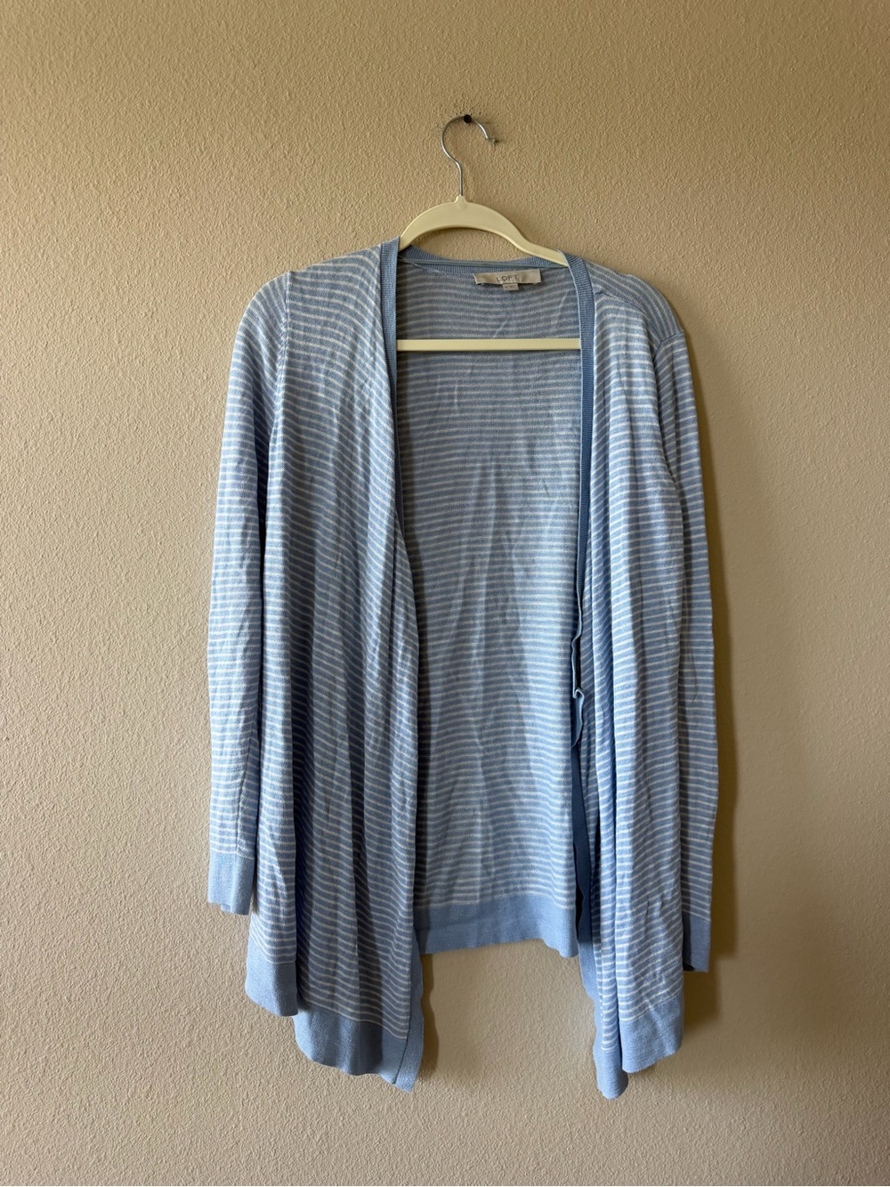 LOFT Light Blue & White Striped Open-Front Cardigan